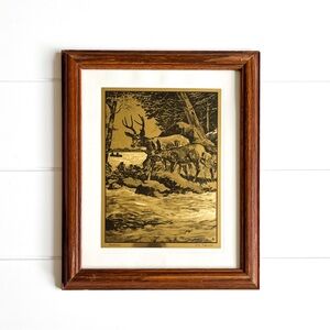 Vintage Deer Woodland Print, Rustic Cabin Lodge Decor, Gold Foil Art, 8x10 Frame
